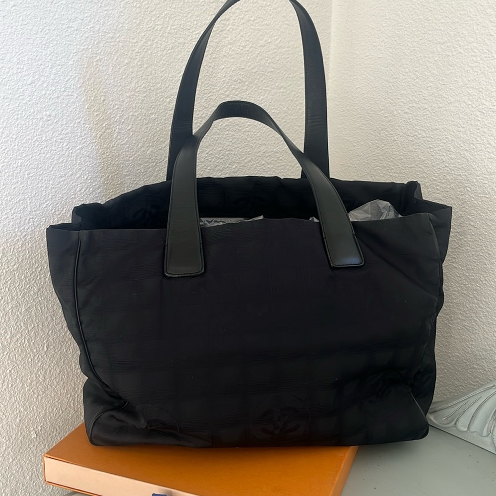 AUTH Chanel New Travel Line Shoulder Tote Bag Nylon Leather Black